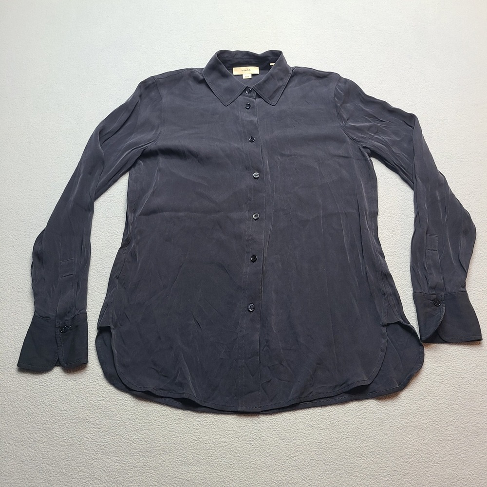 Vince Silk Button Down Blouse Womens XS Charcoal Grey Excellent Long Sleeve Top